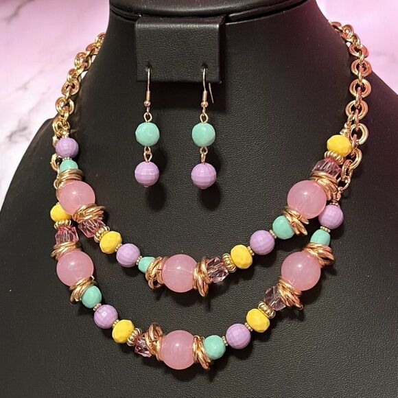 nOir Colorful Beaded Gold Tone Necklace and Earring Set - Picture 2 of 4